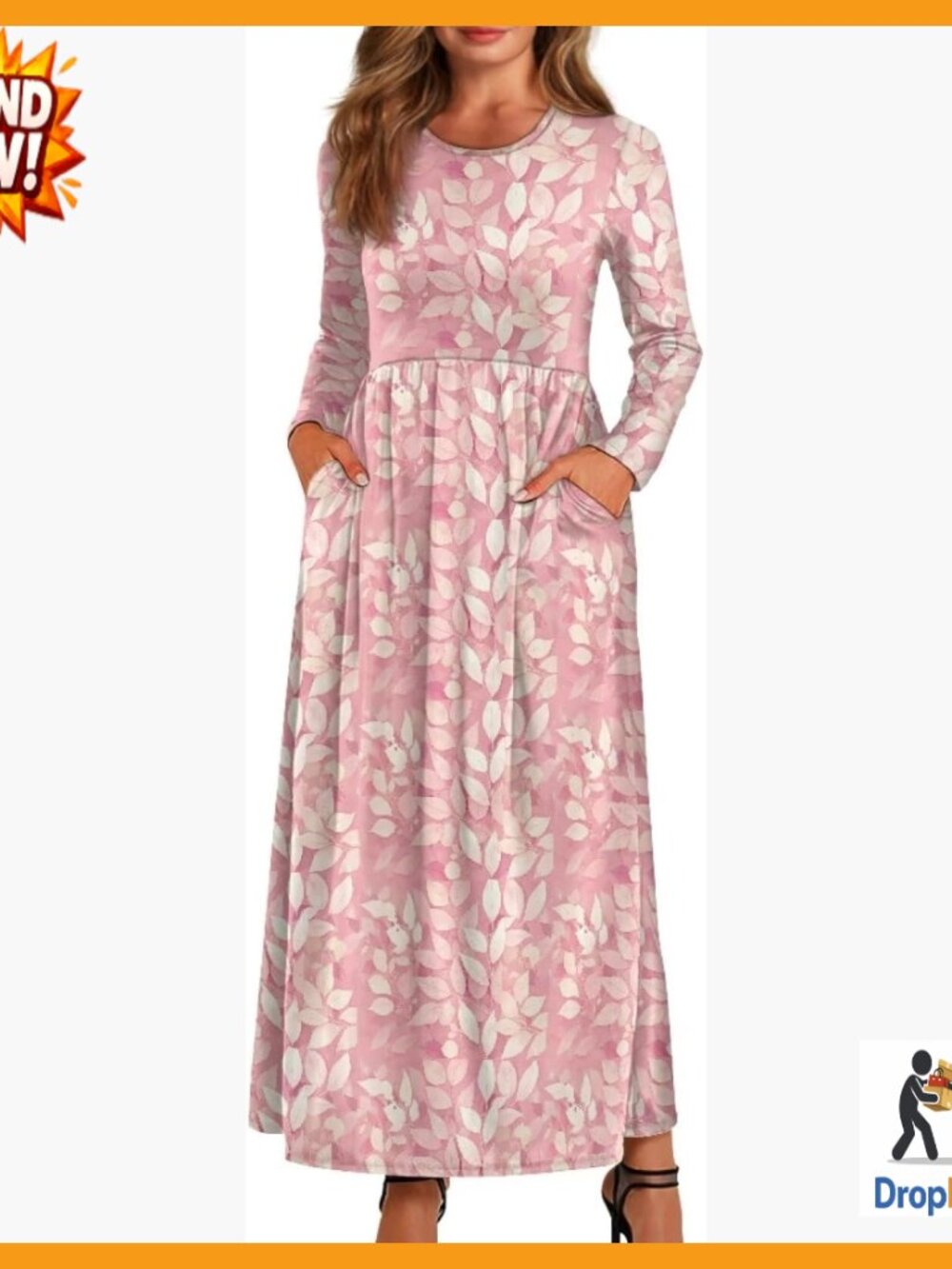 Vintage 1950s Style Floral Print Maxi Dress Long Sleeve Casual Elegant Retro